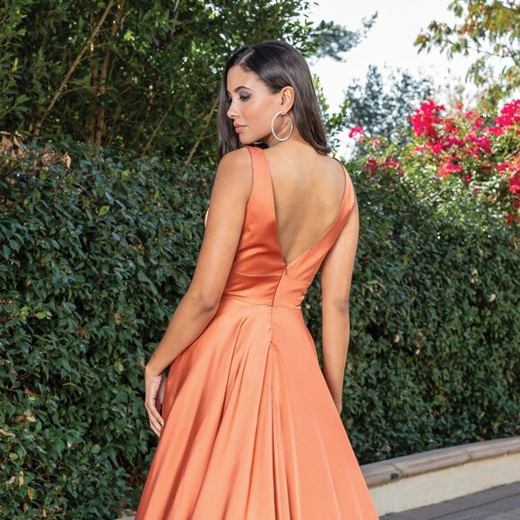 New A-Line Satin Bridesmaid Dress w/ Illusion Plunging Neck & V-Back DQ 4304A - Picture 4 of 9